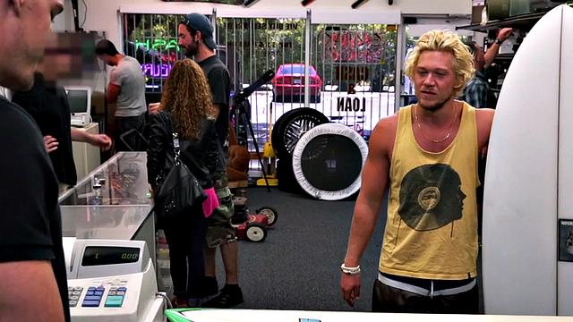 Blond pawnshop bottom fucked in stockroom by owners