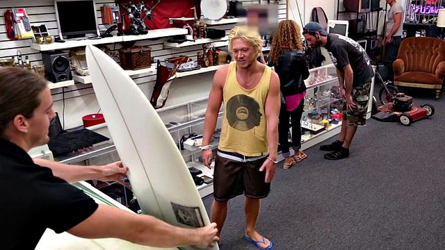 Blond pawnshop bottom fucked in stockroom by owners