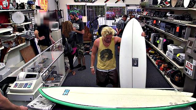 Blond pawnshop bottom fucked in stockroom by owners