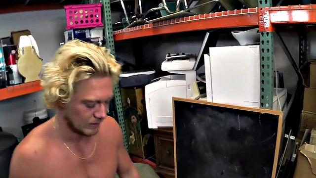 Blond pawnshop bottom fucked in stockroom by owners