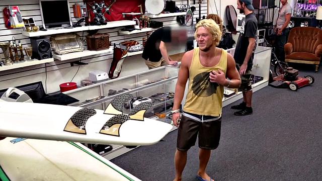 Blond pawnshop bottom fucked in stockroom by owners