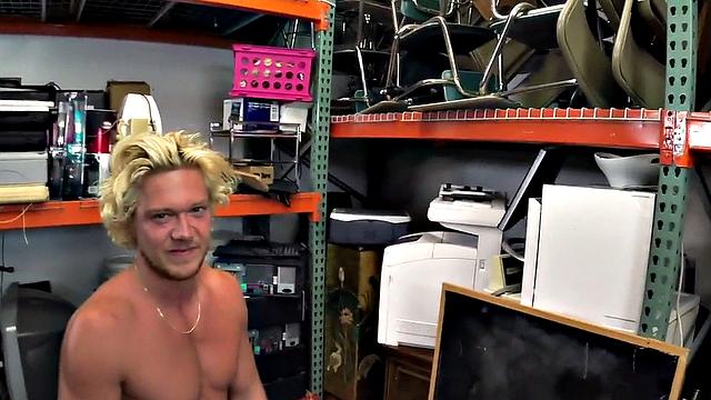 Blond pawnshop bottom fucked in stockroom by owners