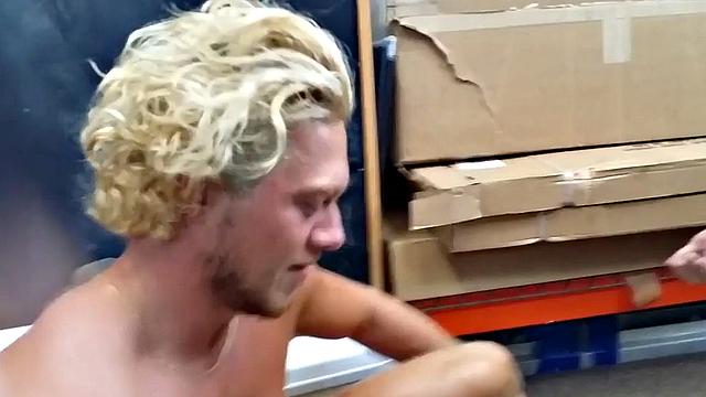 Blond pawnshop bottom fucked in stockroom by owners