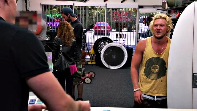 Blond pawnshop bottom fucked in stockroom by owners