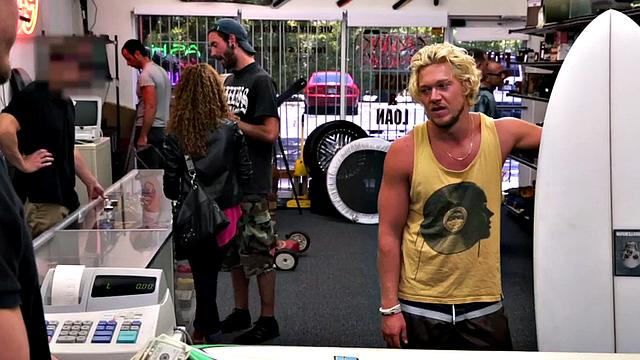 Blond pawnshop bottom fucked in stockroom by owners