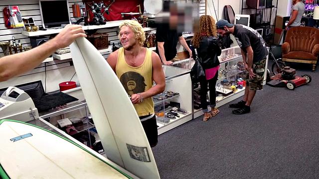 Blond pawnshop bottom fucked in stockroom by owners