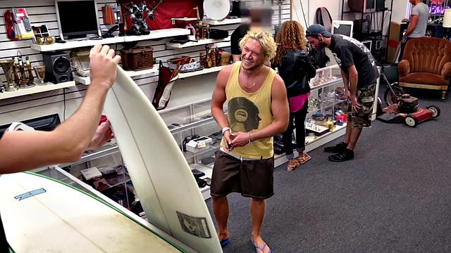 Blond pawnshop bottom fucked in stockroom by owners