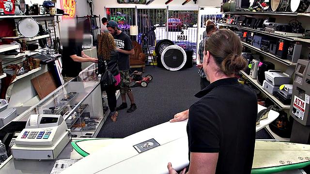 Blond pawnshop bottom fucked in stockroom by owners