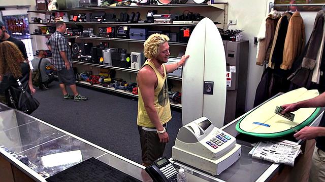 Blond pawnshop bottom fucked in stockroom by owners