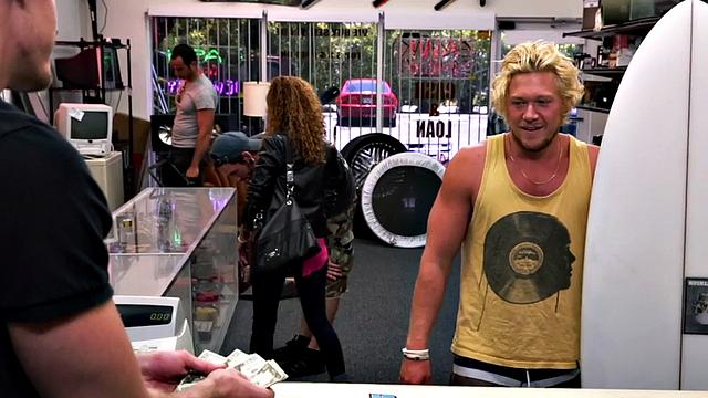 Blond pawnshop bottom fucked in stockroom by owners