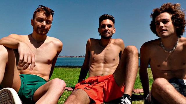 Skinny stud barebacked in 3some after casting