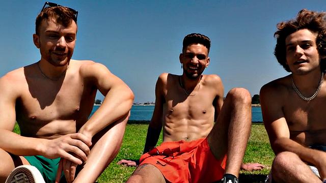 Skinny stud barebacked in 3some after casting