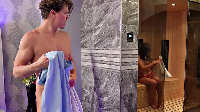 VIP4K. Stacy Cruz enters her own sauna and catches handsome stranger