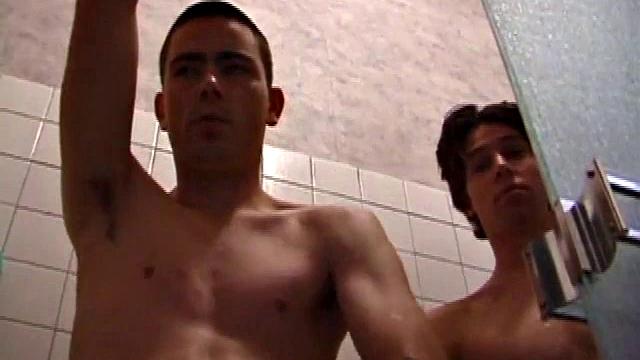Straight Boys Dan and Jayden get back from an afternoon of skateboarding and decide to shower together. They strip down and step into the tub.
