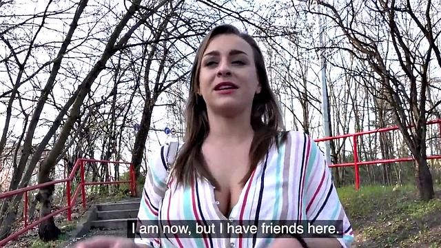 Eurobabe with brown hair gets her big tits fucked hard in POV outdoor sex