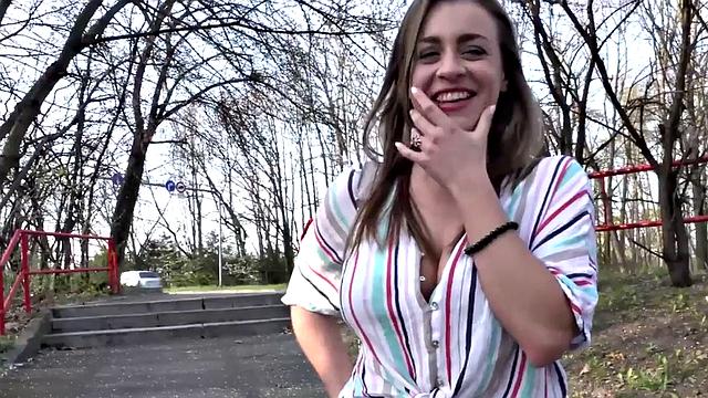 Eurobabe with brown hair gets her big tits fucked hard in POV outdoor sex