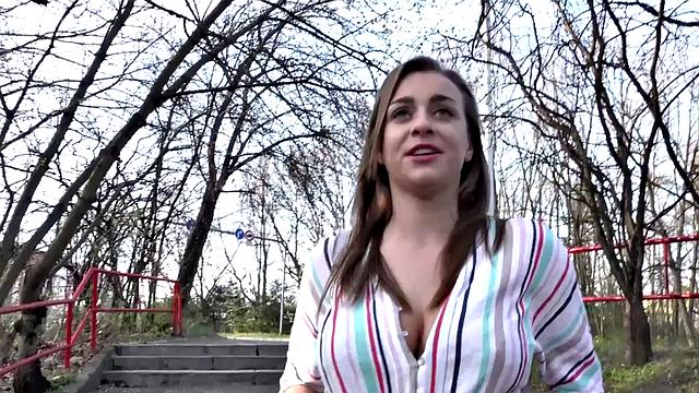 Eurobabe with brown hair gets her big tits fucked hard in POV outdoor sex