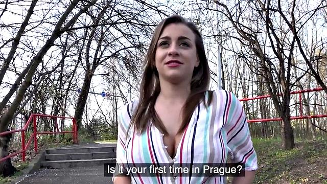 Eurobabe with brown hair gets her big tits fucked hard in POV outdoor sex