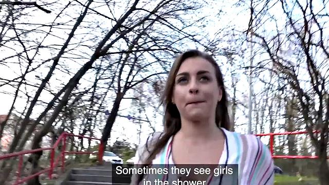 Eurobabe with brown hair gets her big tits fucked hard in POV outdoor sex