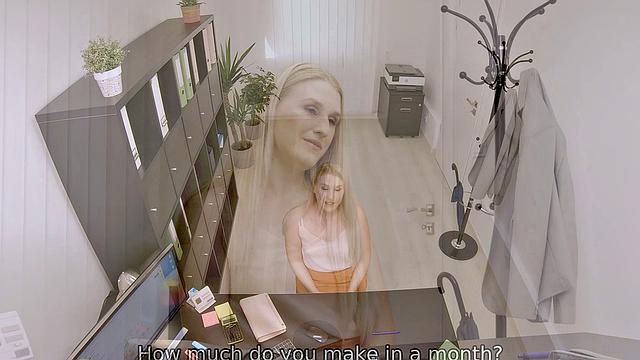 Blonde babe gets her loan rejected, but not before getting a good fuck from the boss