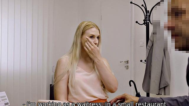 Blonde babe gets her loan rejected, but not before getting a good fuck from the boss