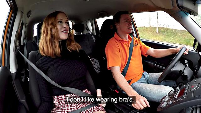 Naughty redhead Distracts with no bra & gives a hot handjob in pantyhose