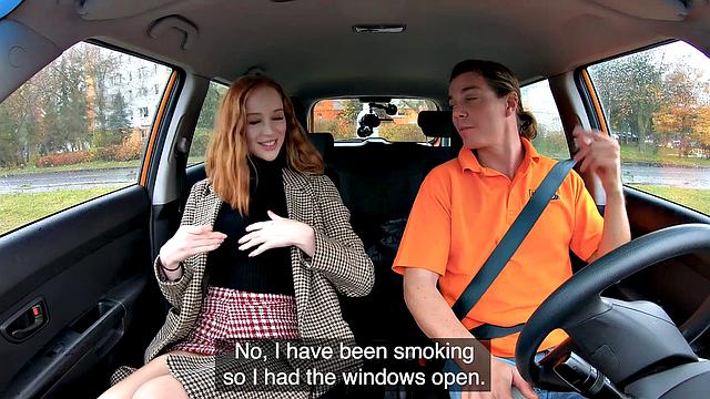 Naughty redhead Distracts with no bra & gives a hot handjob in pantyhose