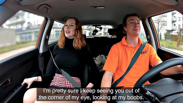 Naughty redhead Distracts with no bra & gives a hot handjob in pantyhose