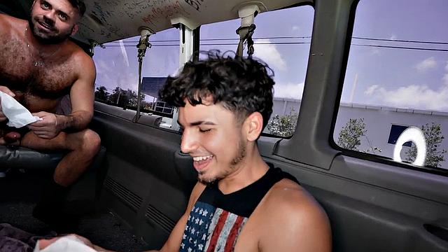 Tall amateur jock fucks gay stud in public van outdoor