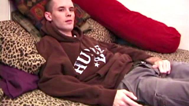 Once skater boy Logan Loader gets naked and comfortable, he goes right on his tempting cock, getting it nice and hard. A hot stroke show follows and then he nearly blinds himself with his big cum shot.