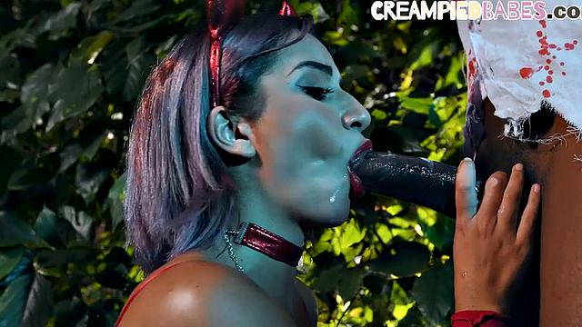 IR devil babe deepthroats BBC outdoor before getting fucked