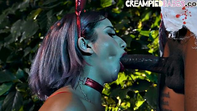 IR devil babe deepthroats BBC outdoor before getting fucked