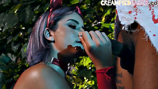 IR devil babe deepthroats BBC outdoor before getting fucked