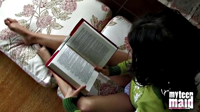 A busty teen strip down by the hearth and tease with her big tits and soft, bald pussy