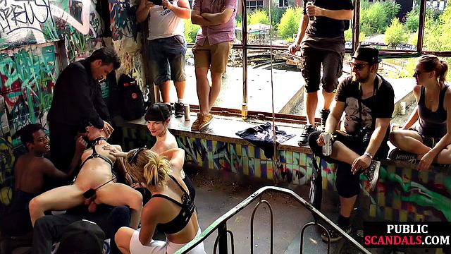 Real public bondage for sub