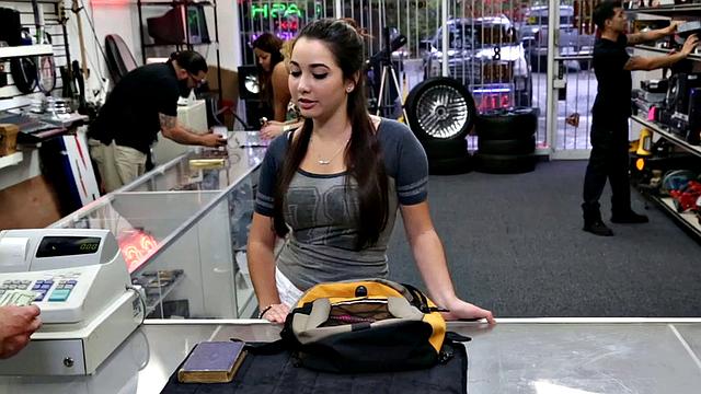 Pawnshop babe pussyfucked till facial in amateur POV