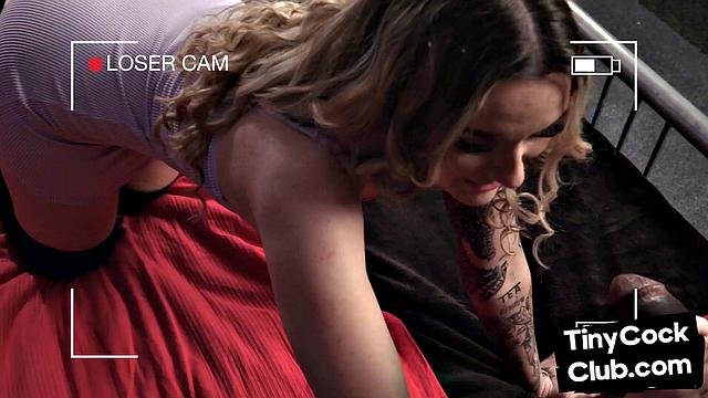 Small dick dude mocked by Brit in stockings