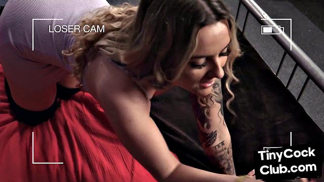 Small dick dude mocked by Brit in stockings