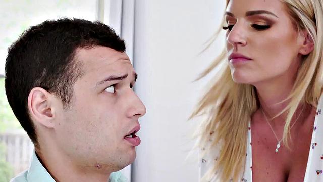 Stepmom with blonde hair licks and fucks stepson's ass while wearing jeans and a handjob