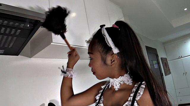 Cute Teen Maid Finds Glass Dildo, Fucks Her Wet Pussy