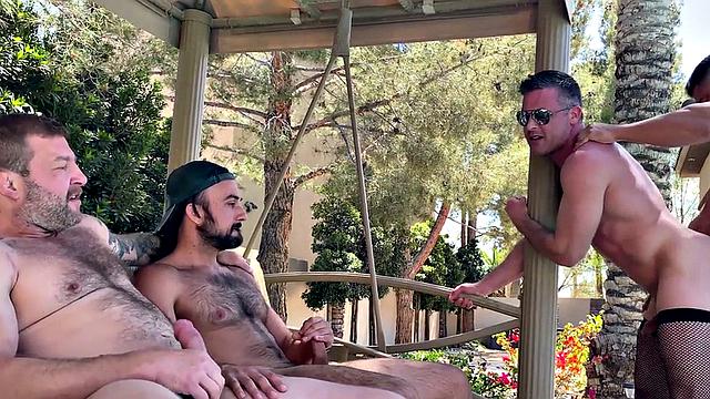 Outdoor crossdresser gangbanged by dom DILFS by pool