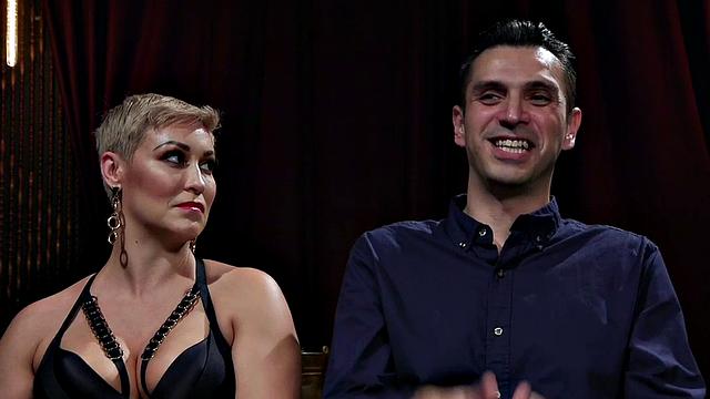 CFNM domina in lingerie and gloves strapon pegs BDSM male sub