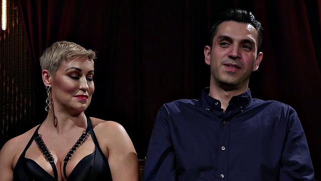 CFNM domina in lingerie and gloves strapon pegs BDSM male sub