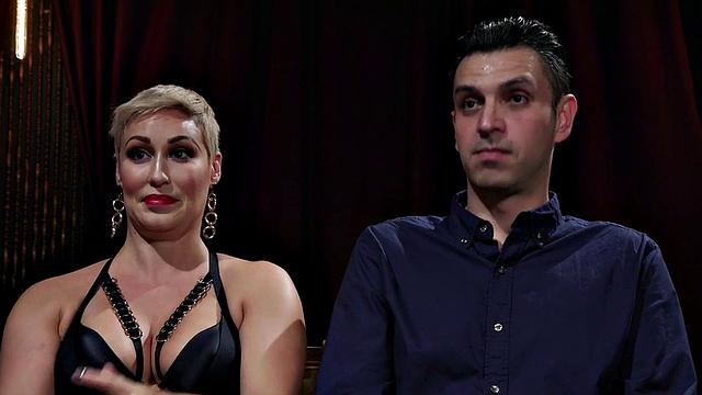 CFNM domina in lingerie and gloves strapon pegs BDSM male sub