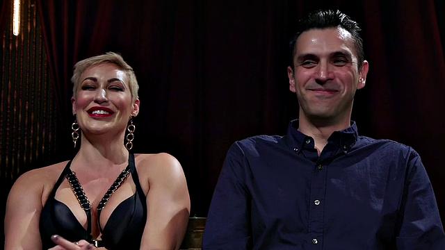 CFNM domina in lingerie and gloves strapon pegs BDSM male sub