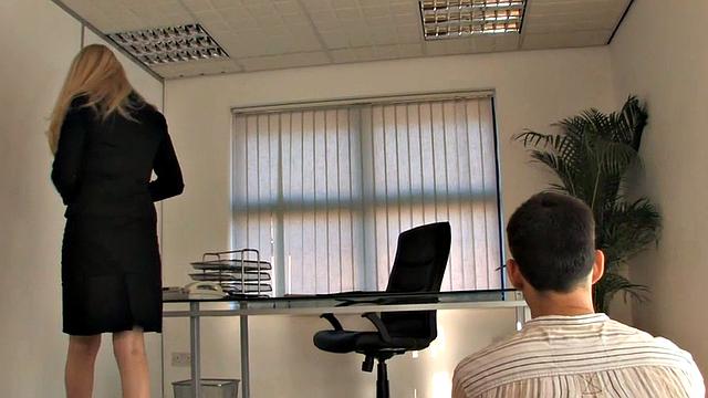 Office femdom paddling sub on the ground during domination