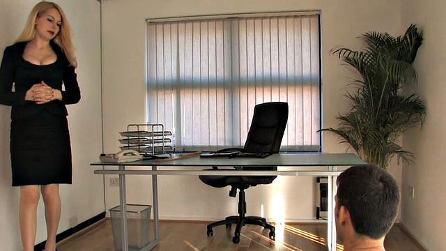 Office femdom paddling sub on the ground during domination