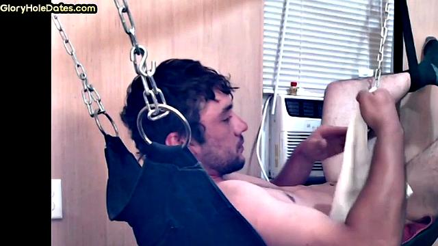 Real mature gay fucks stud in sling at home till cum