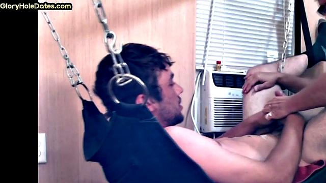 Real mature gay fucks stud in sling at home till cum