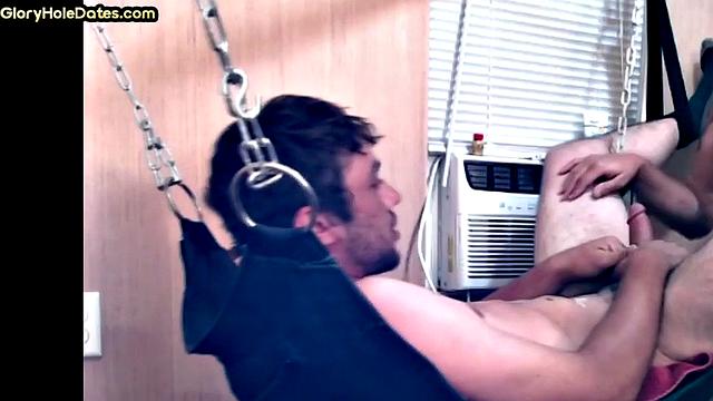 Real mature gay fucks stud in sling at home till cum